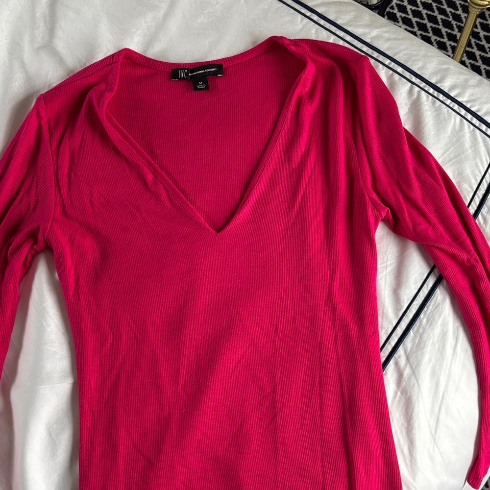 INC International Concepts Fuchsia V-Neck 3/4 Sleeve Knit Top